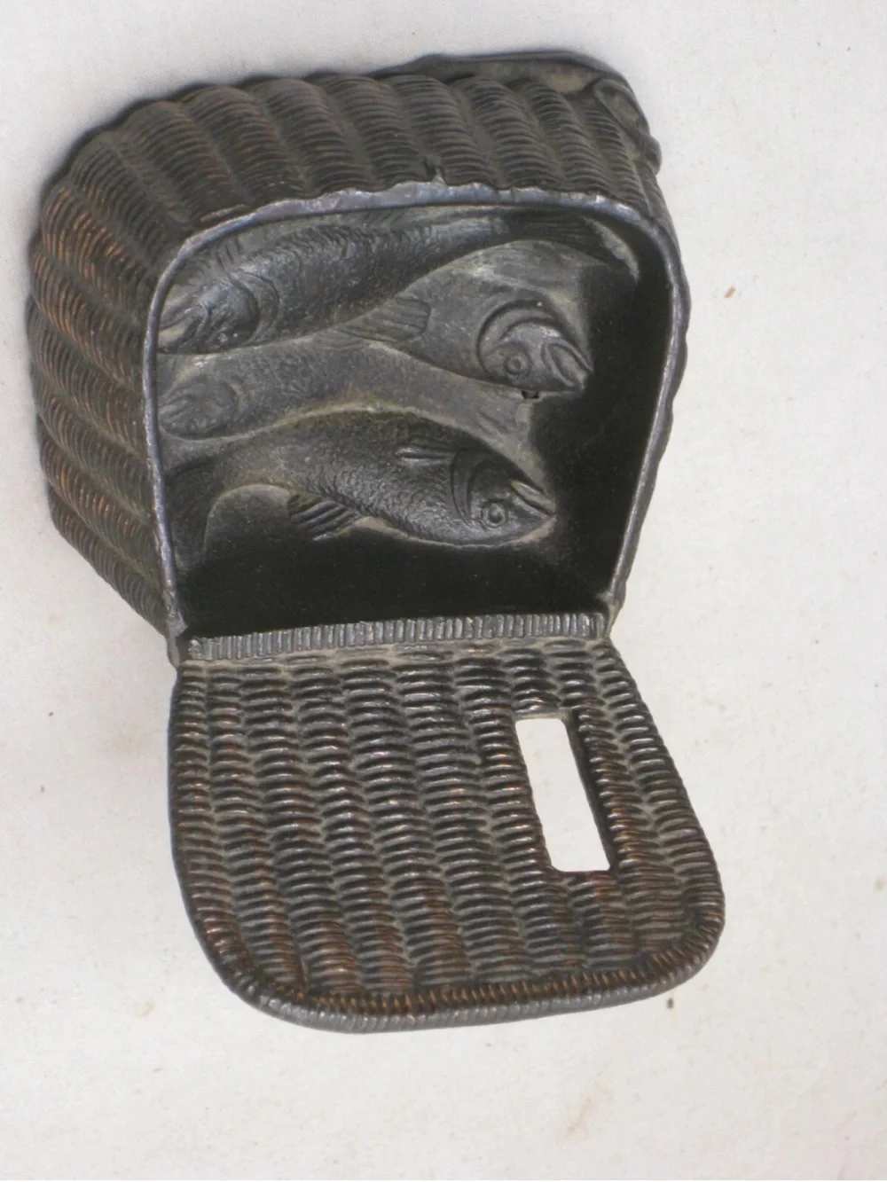 vintage antique ornate metal wicker basket fish detail cast pot iron ? decor